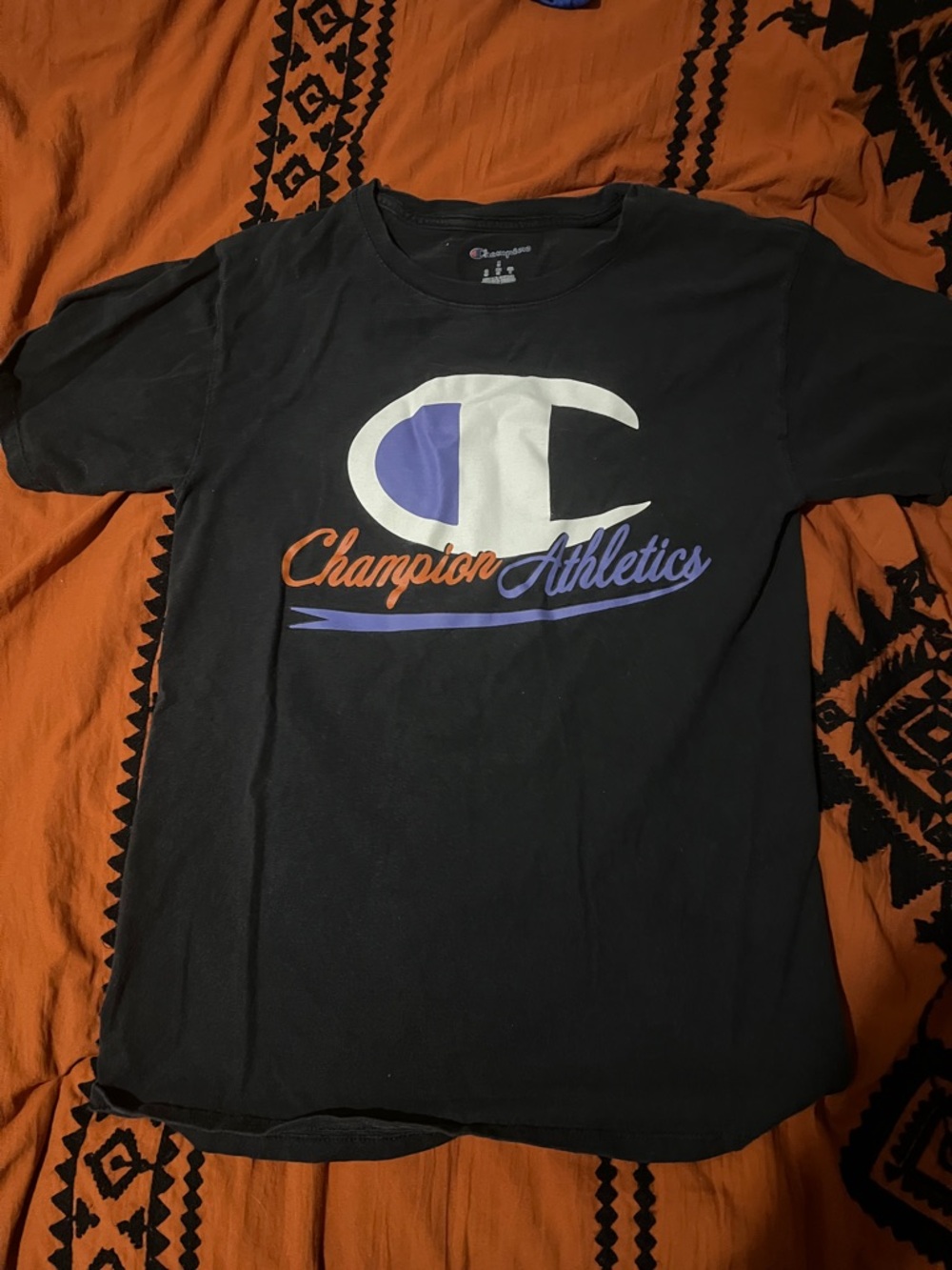 Champion Black Tee with White, Purple & Orange Logo